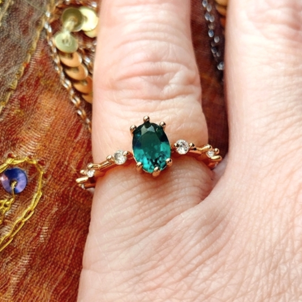 Size 5 - 925 Gold Plated Sterling Green Tourmaline Ring